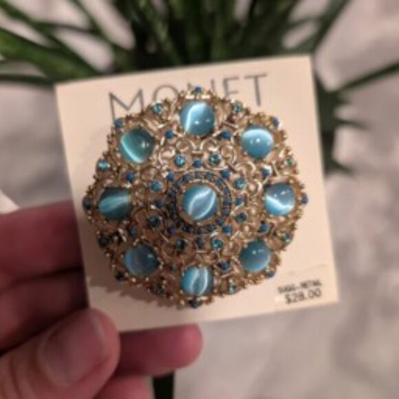 Monet Gold and Aqua Blue Pin/Brooche - Picture 2 of 2